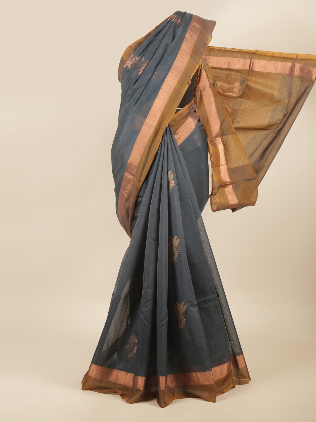 

Pothys Grey & Gold-Toned Ethnic Motifs Zari Silk Cotton Saree