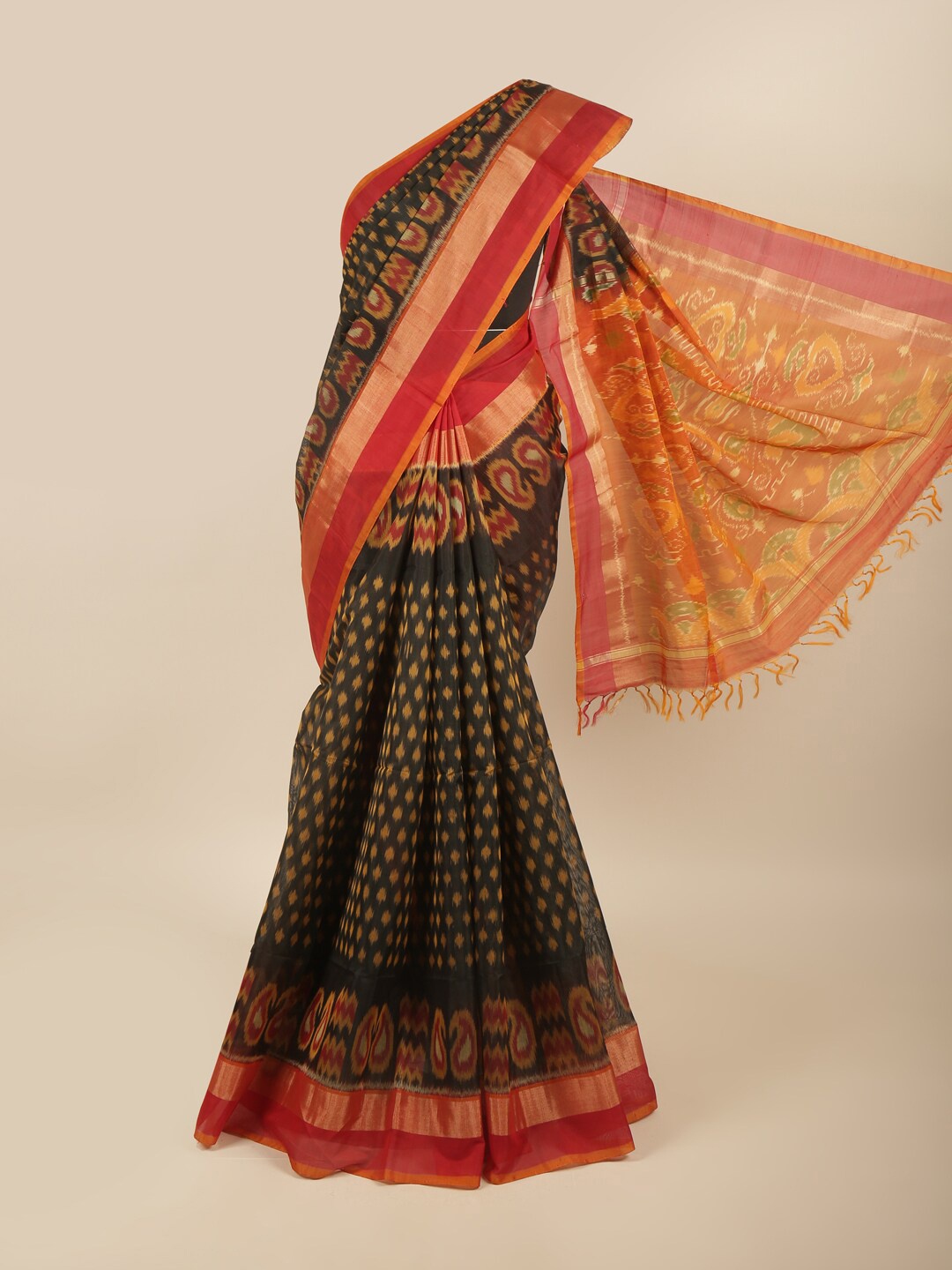 

Pothys Black & Red Paisley Zari Border Silk Cotton Saree