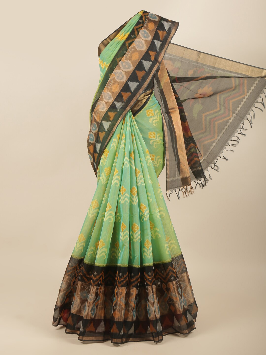 

Pothys Green & Black Floral Zari Silk Cotton Saree