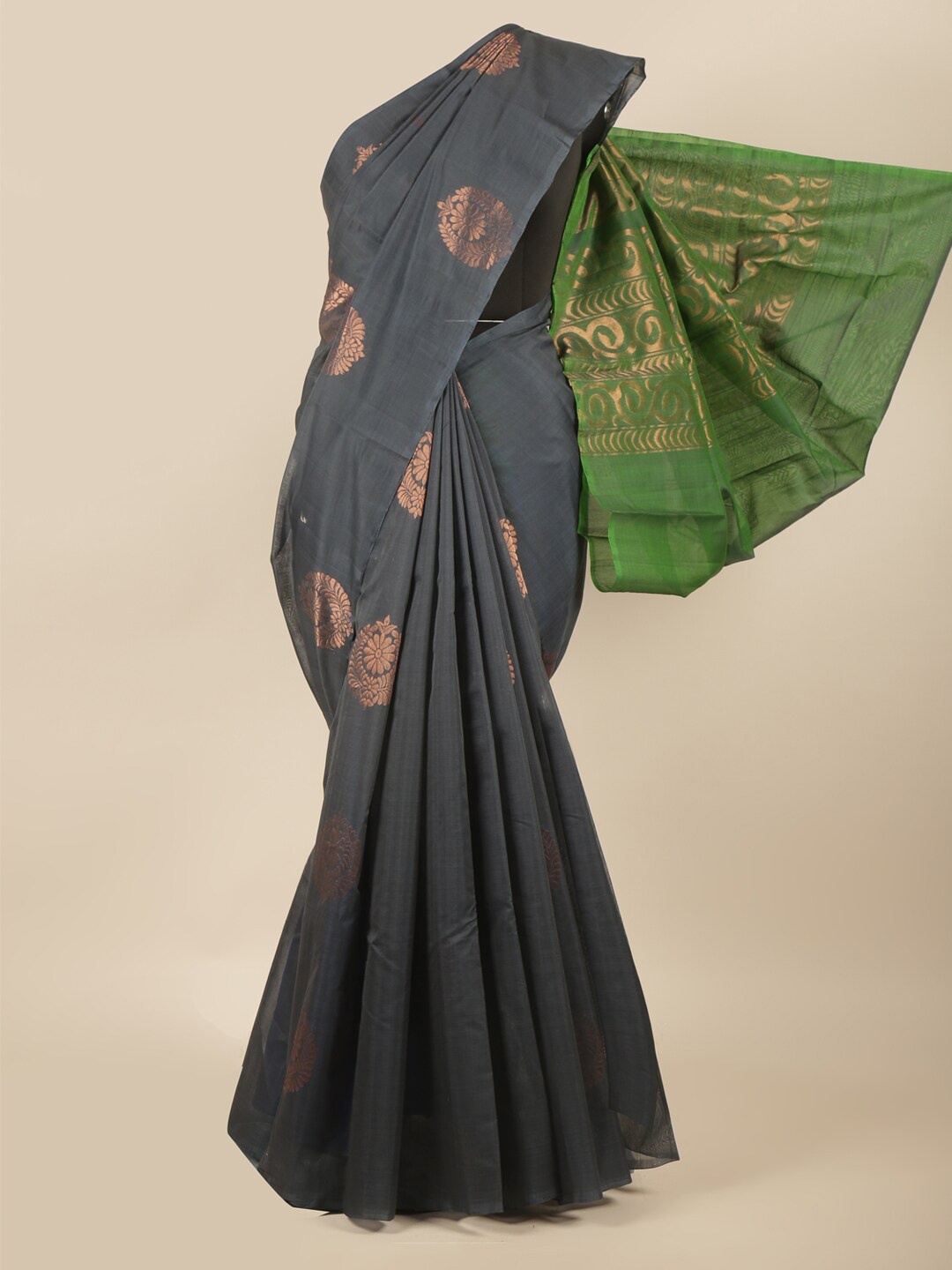 

Pothys Grey & Gold-Toned Woven Design Zari Silk Cotton Saree