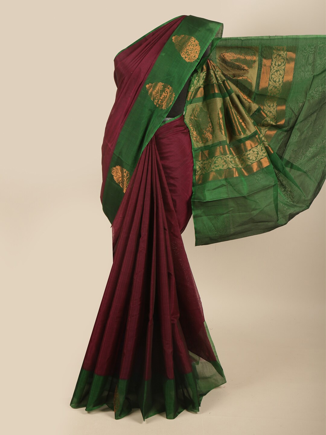 

Pothys Maroon & Gold-Toned Woven Design Zari Silk Cotton Heavy Work Saree