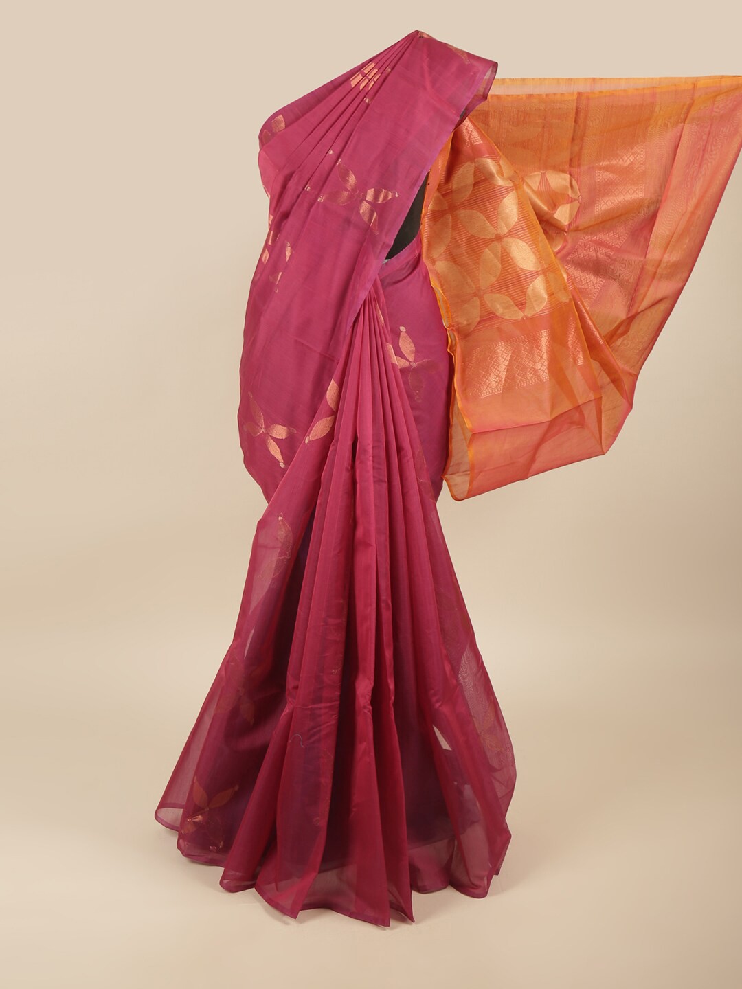 

Pothys Magenta & Orange Ethnic Motifs Zari Silk Cotton Saree