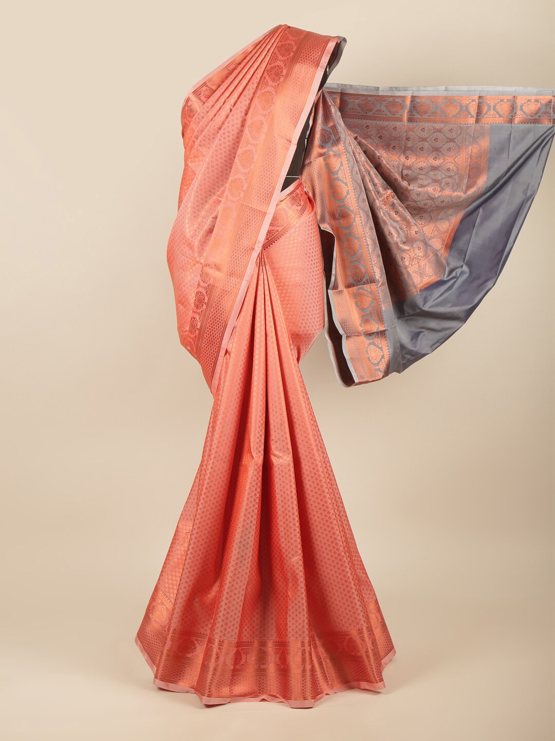 

Pothys Peach-Coloured & Grey Woven Design Zari Art Silk Saree