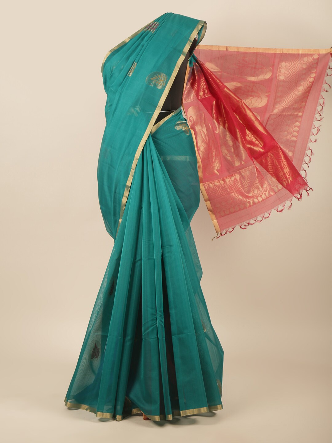 

Pothys Green & Red Woven Design Zari Silk Cotton Saree