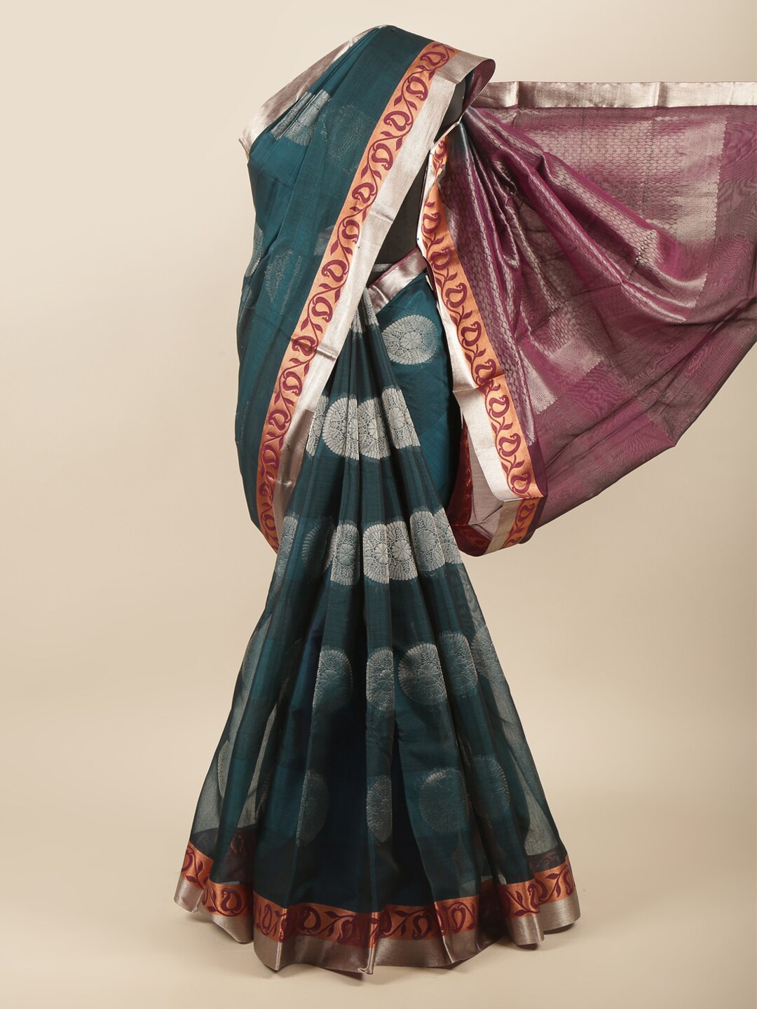 

Pothys Blue & Silver-Toned Woven Design Zari Silk Cotton Saree
