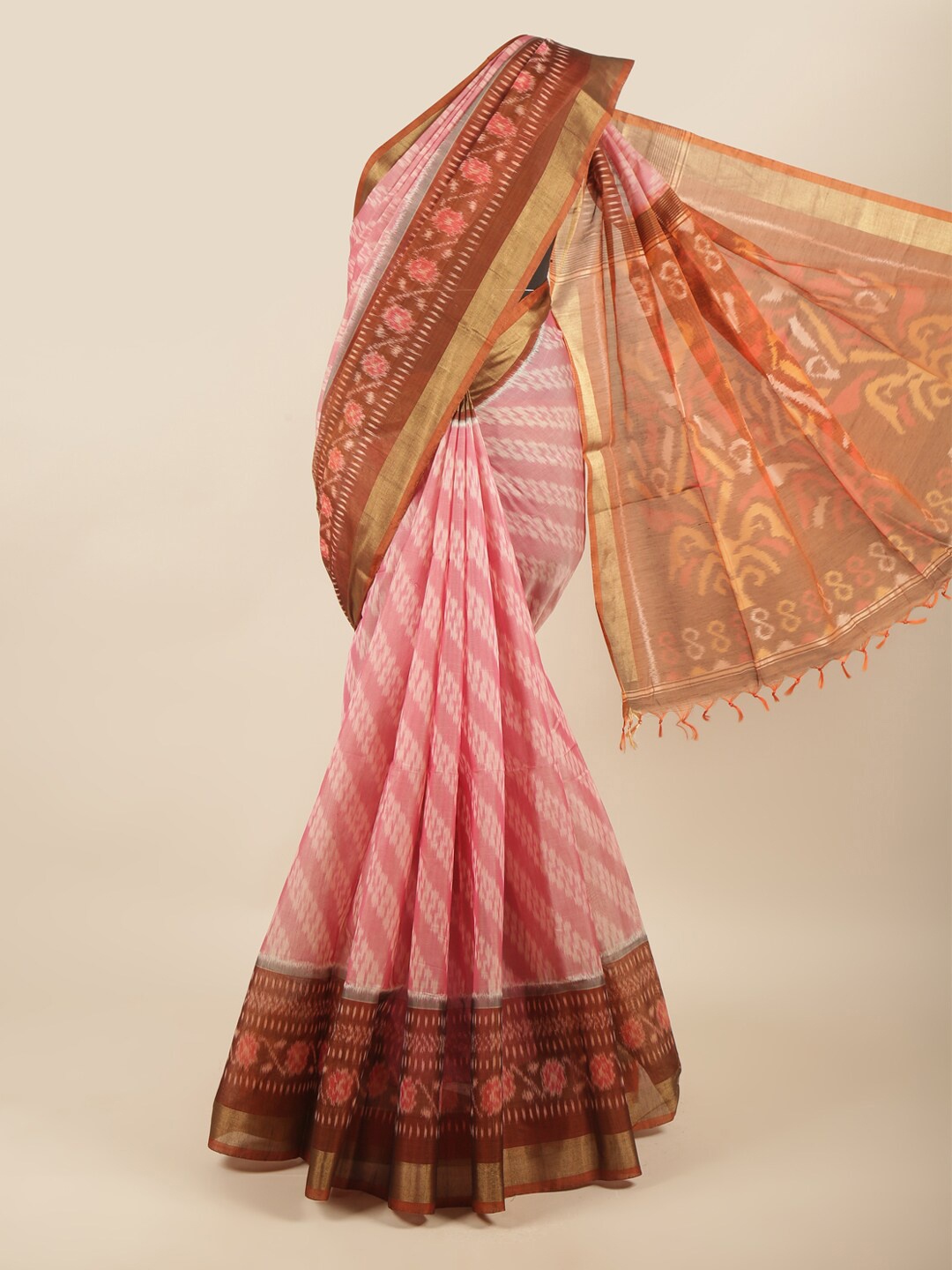 

Pothys Pink & Brown Ethnic Motifs Zari Silk Cotton Saree