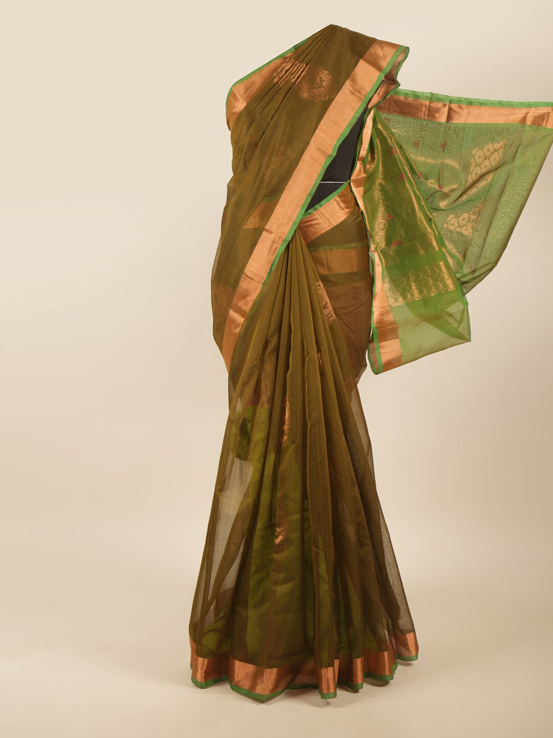 

Pothys Green & Gold-Toned Ethnic Motifs Zari Silk Cotton Saree