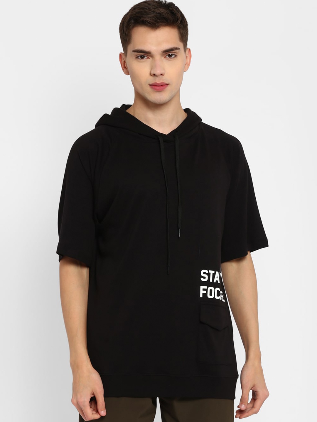 

OFF LIMITS Men Black Hooded Pockets T-shirt