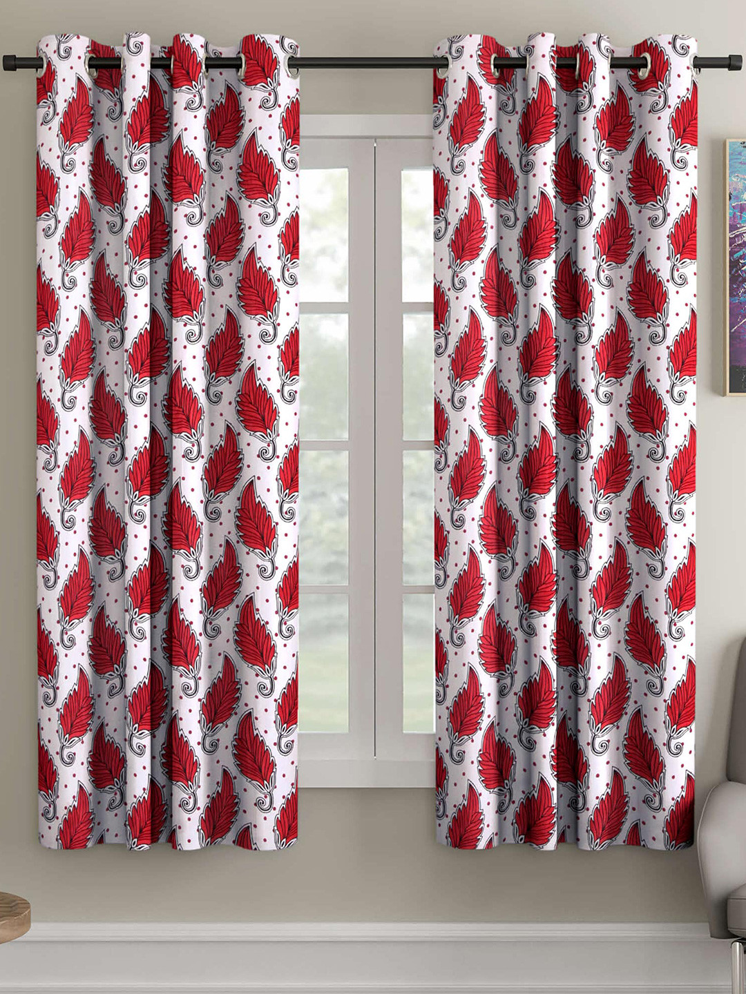 

Ispace Red & White Set of 2 Floral Sheer Window Curtain