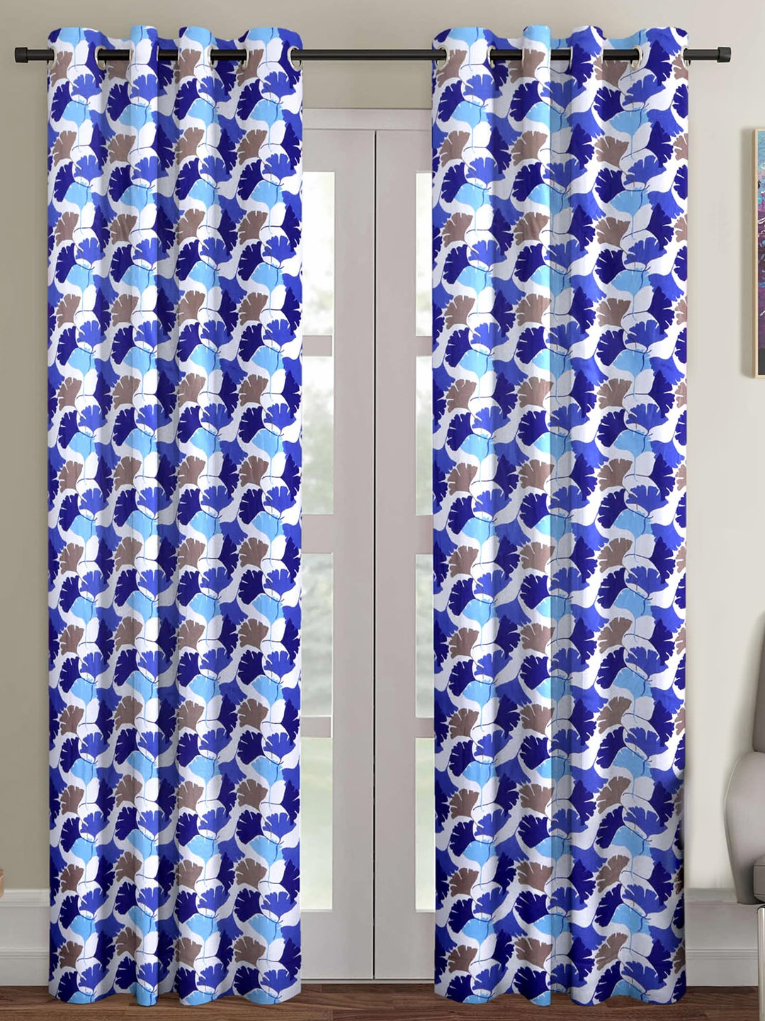 

Ispace Blue & White Set of 2 Floral Sheer Door Curtain