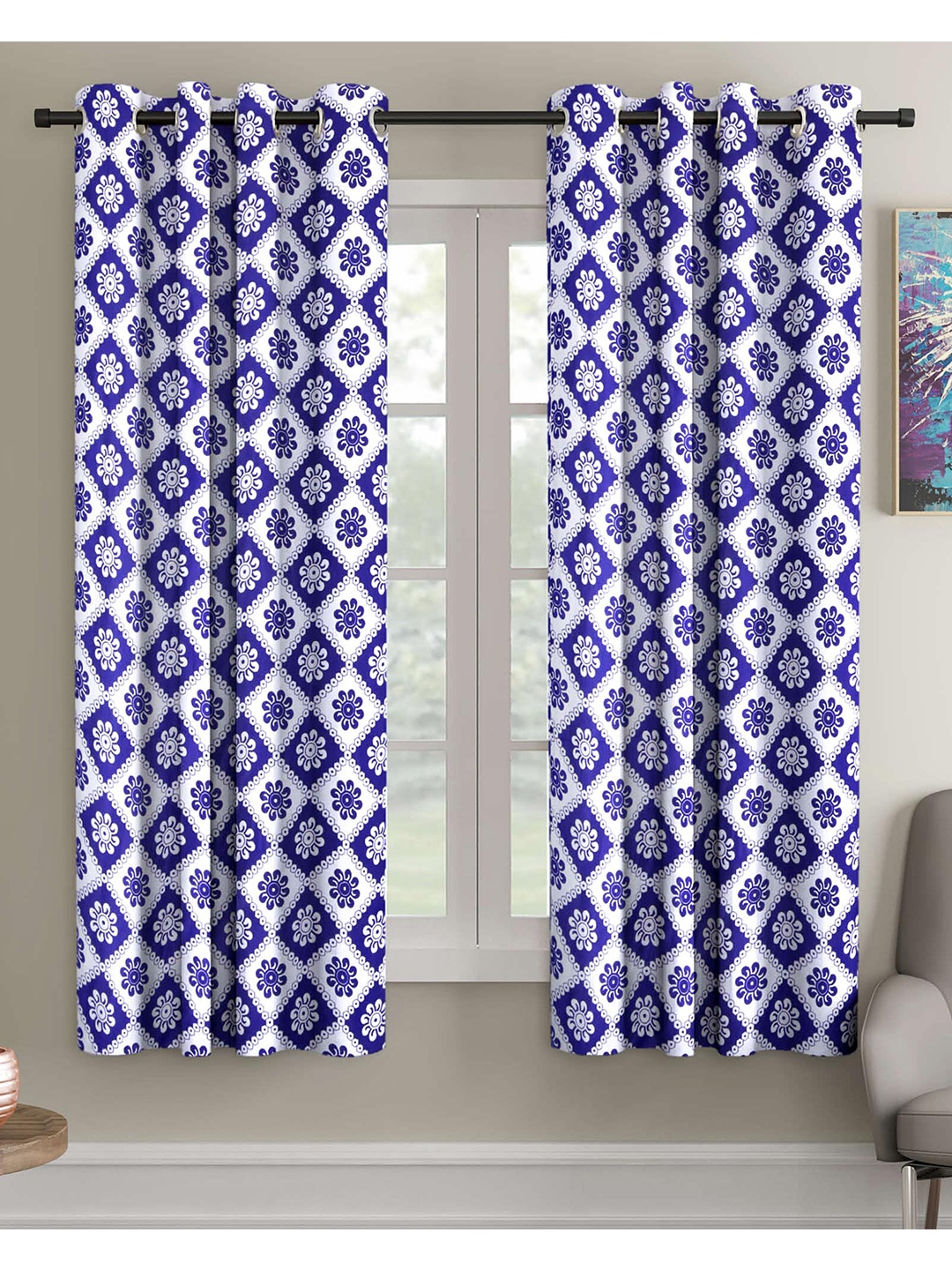 

Ispace Blue & White Set of 2 Floral Sheer Window Curtain