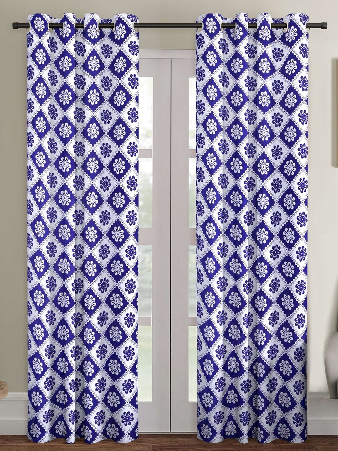 

Ispace Blue & White Set of 2 Floral Sheer Door Curtain