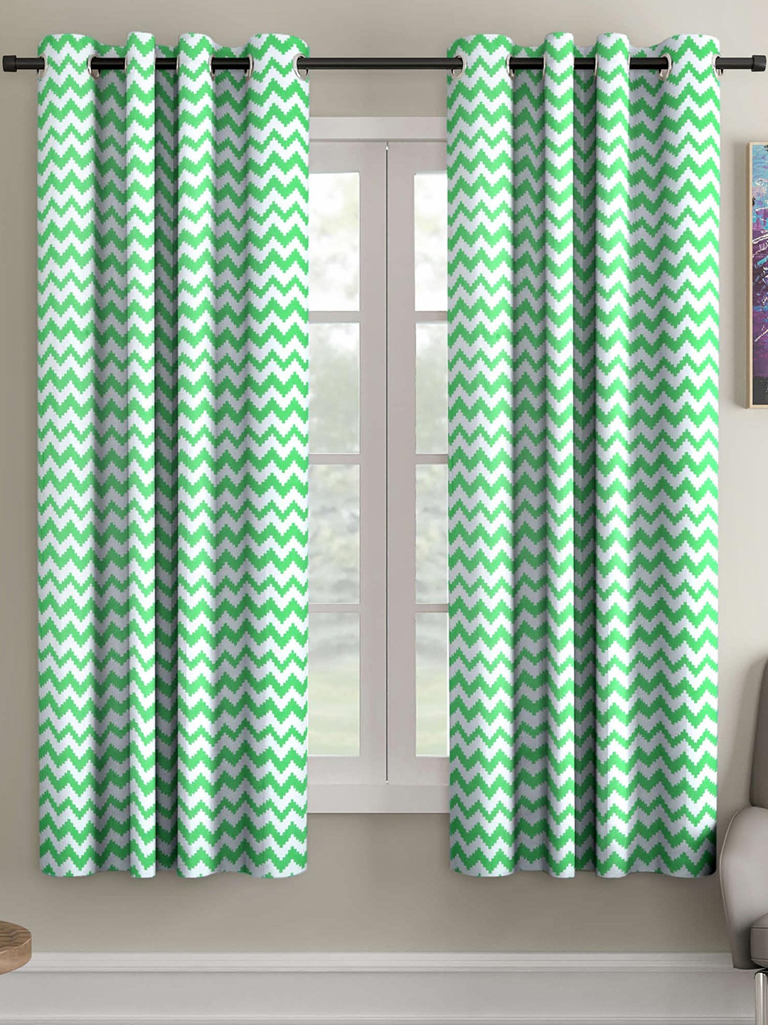 

Ispace Green & White Set of 2 Floral Sheer Window Curtain