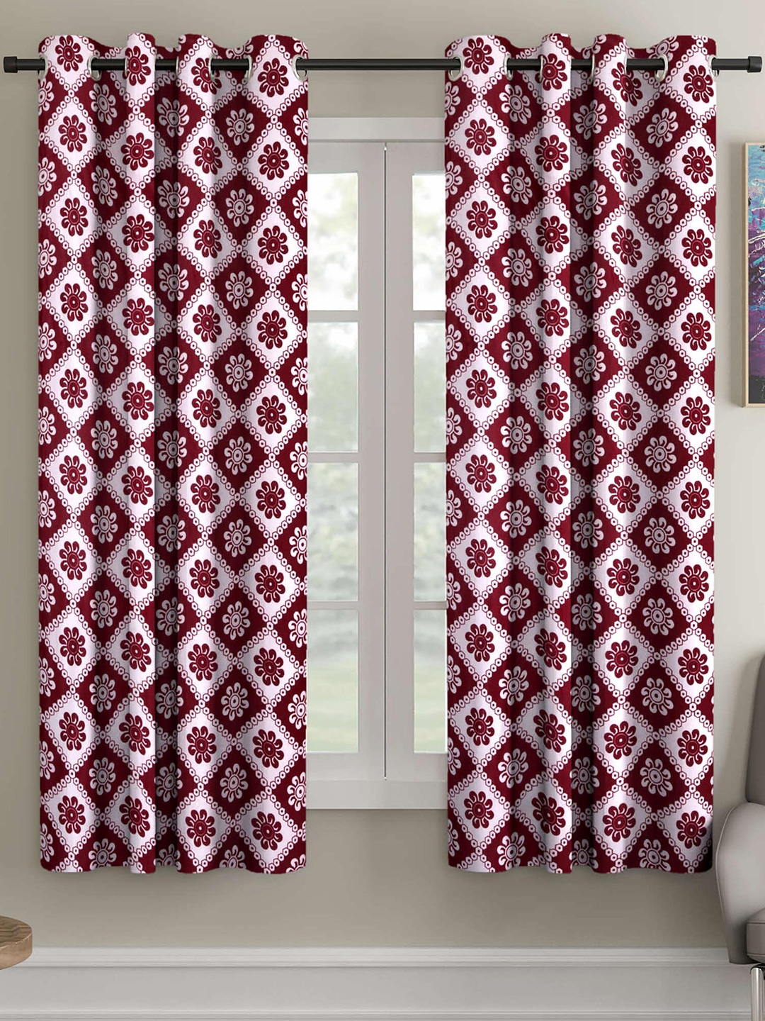 

Ispace Set Of 2 Maroon & White Floral Window Curtain