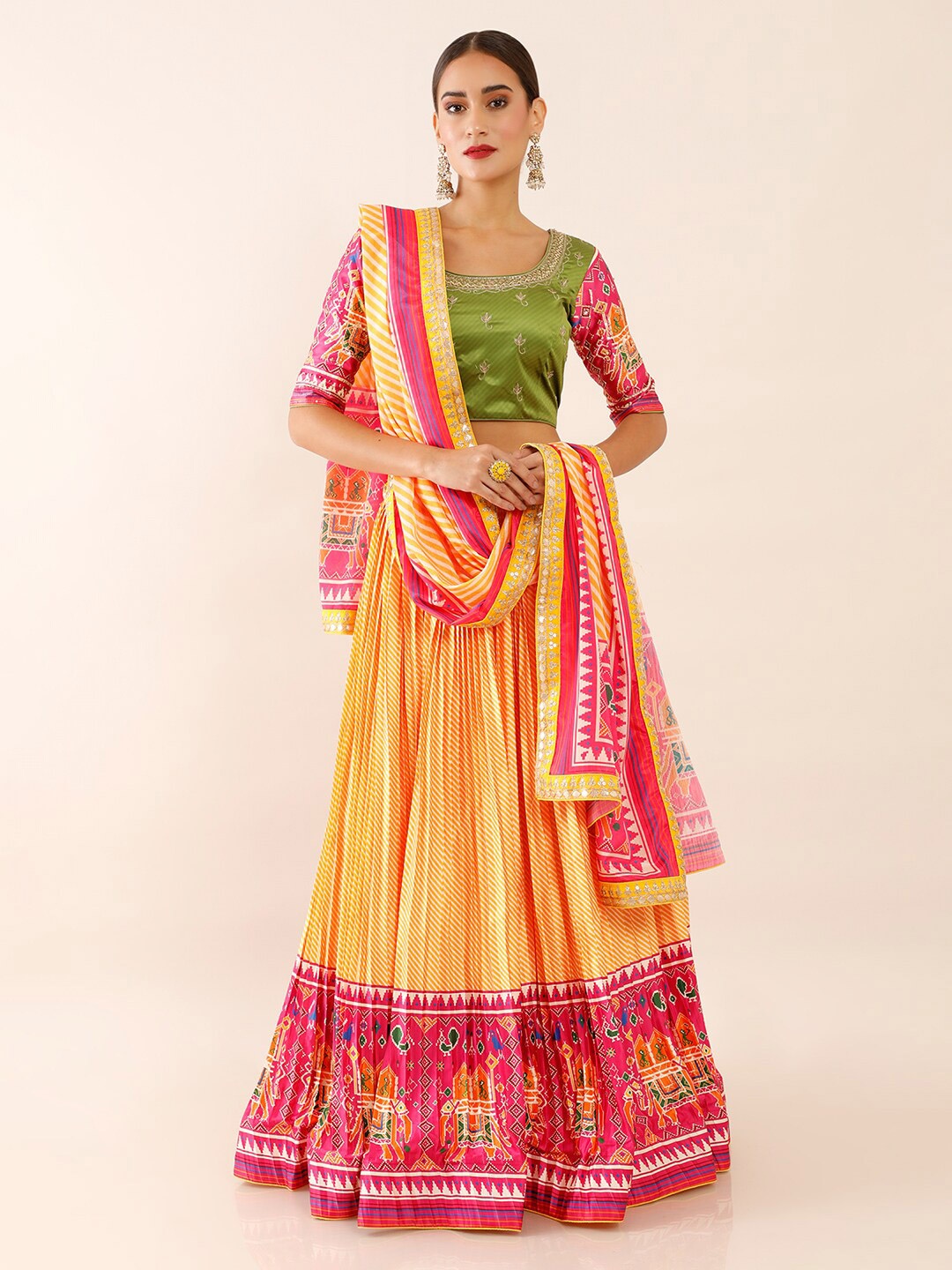 

Soch Yellow & Pink Printed Unstitched Lehenga & Blouse With Dupatta