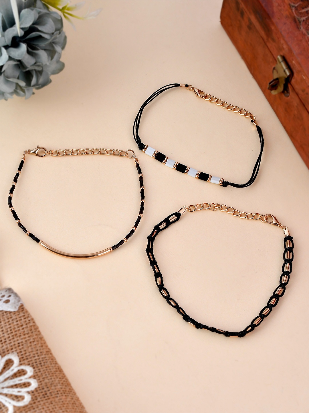 

Shoshaa Women Gold & Black Brass Set of 3 Handcrafted Gold-Plated Wraparound Bracelet