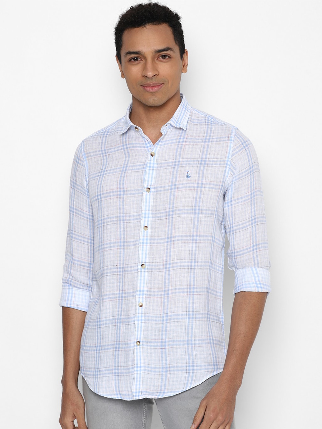 

SIMON CARTER LONDON Men Blue Slim Fit Tartan Checks Checked Pure Linen Casual Shirt