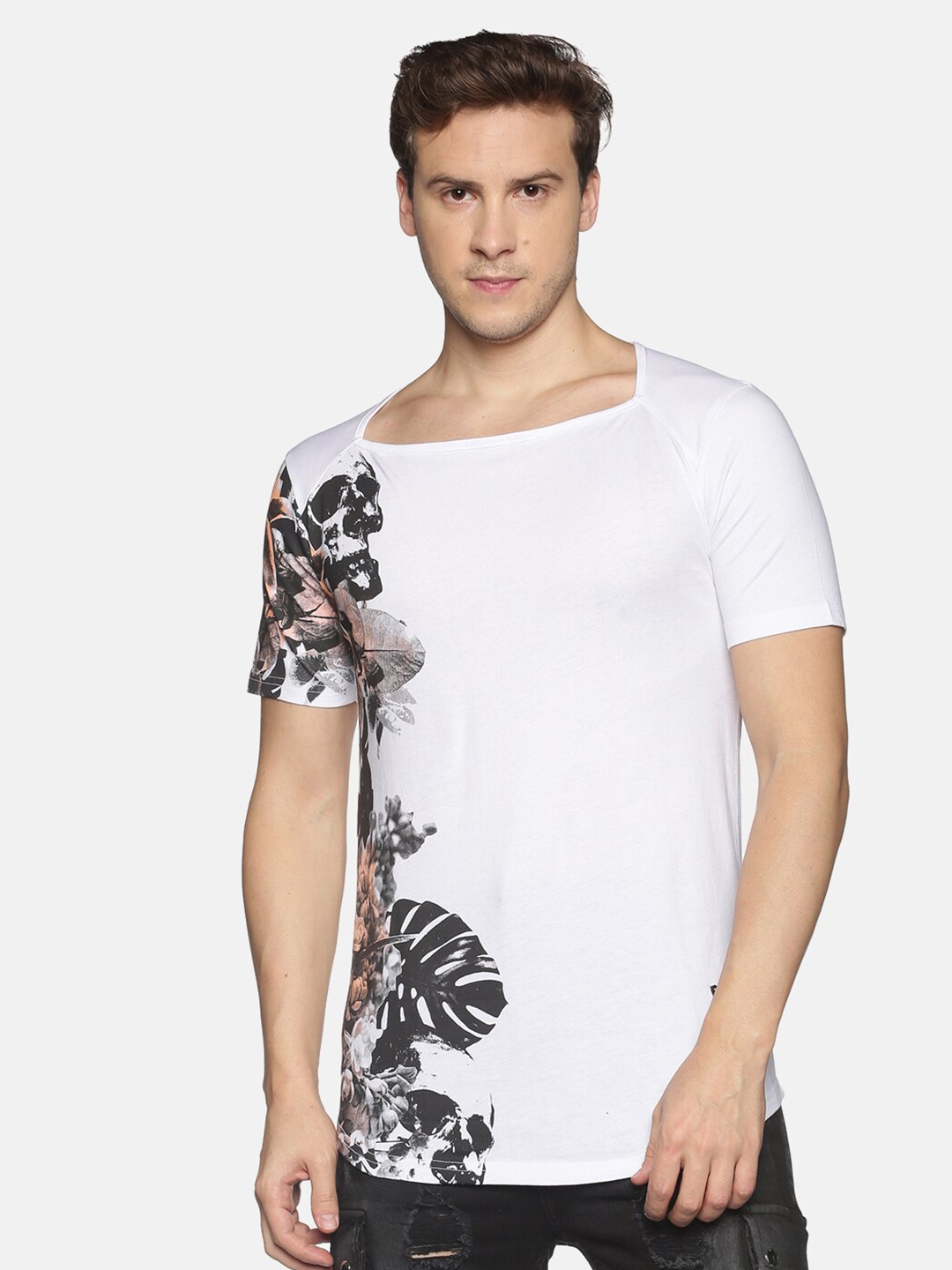 

KULTPRIT Men White Printed Tropical Slim Fit Cotton T-shirt