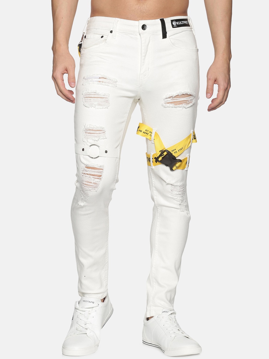 

KULTPRIT Men White Tapered Fit Highly Distressed Stretchable Jeans