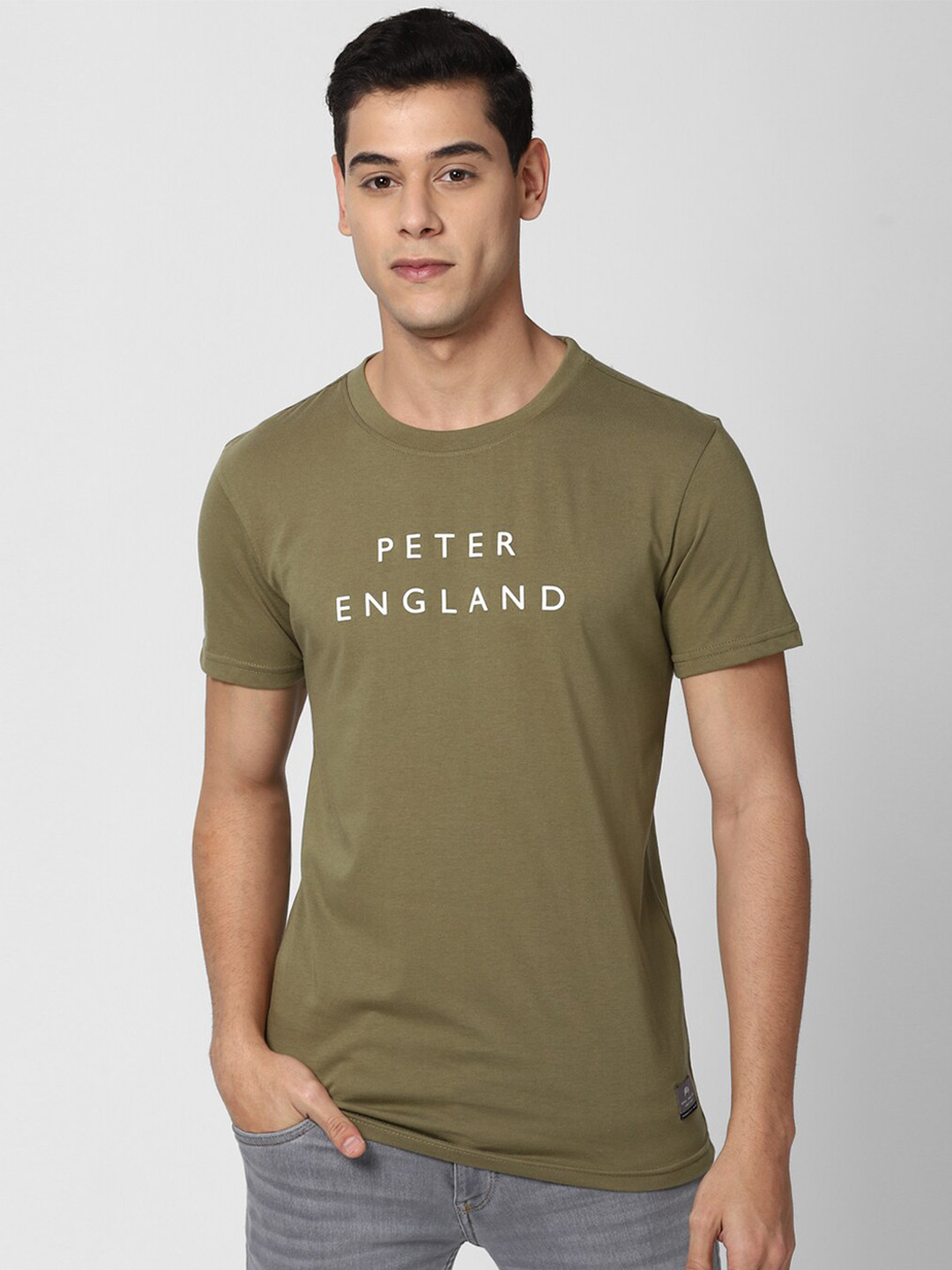 

Peter England Casuals Men Olive Green Typography Printed Slim Fit T-shirt