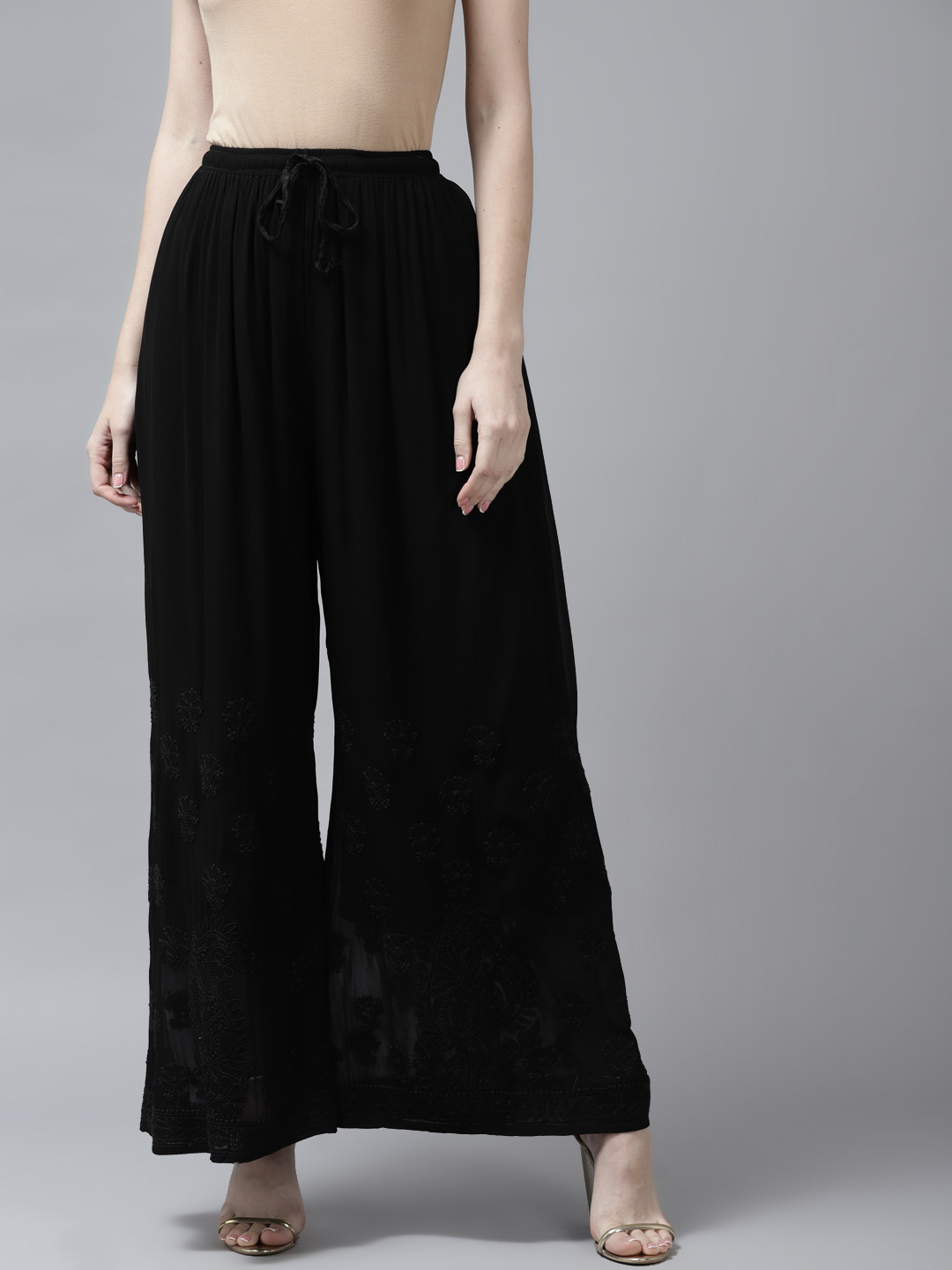 

ADA Women Black Ethnic Motifs Embroidered Flared Handloom Georgette Ethnic Palazzos