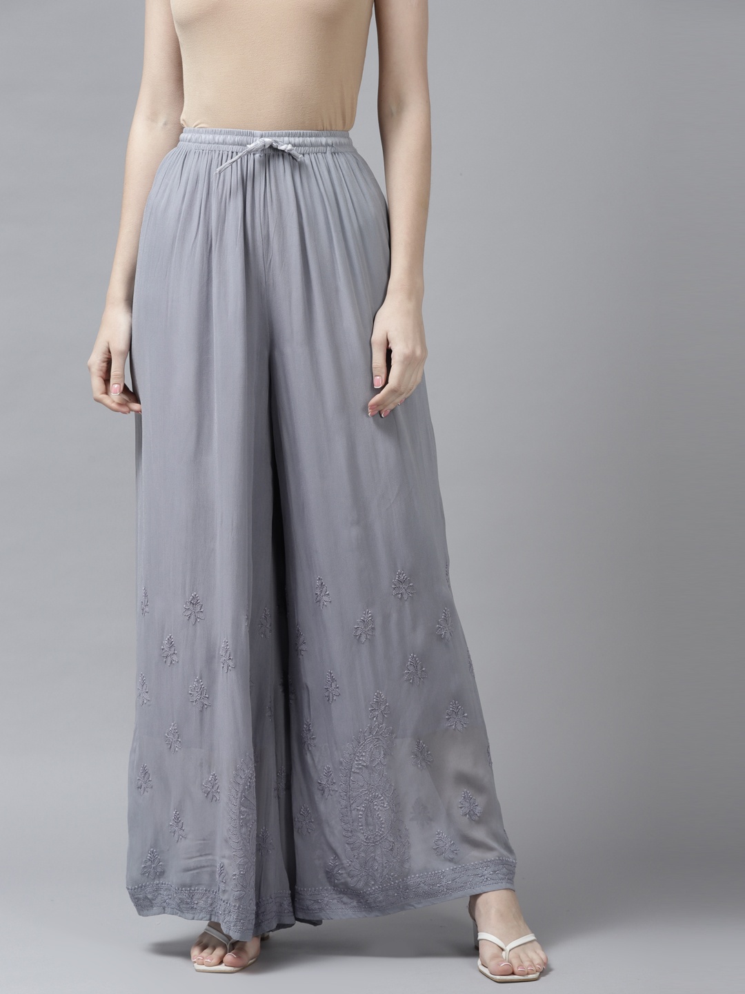 

ADA Women Grey Ethnic Motifs Embroidered Flared Handloom Georgette Ethnic Palazzos