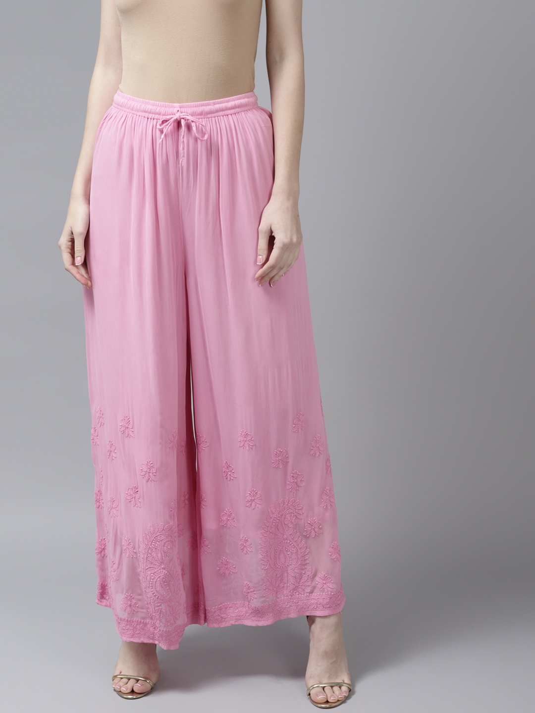

ADA Women Pink Ethnic Motifs Embroidered Flared Handloom Georgette Ethnic Palazzos