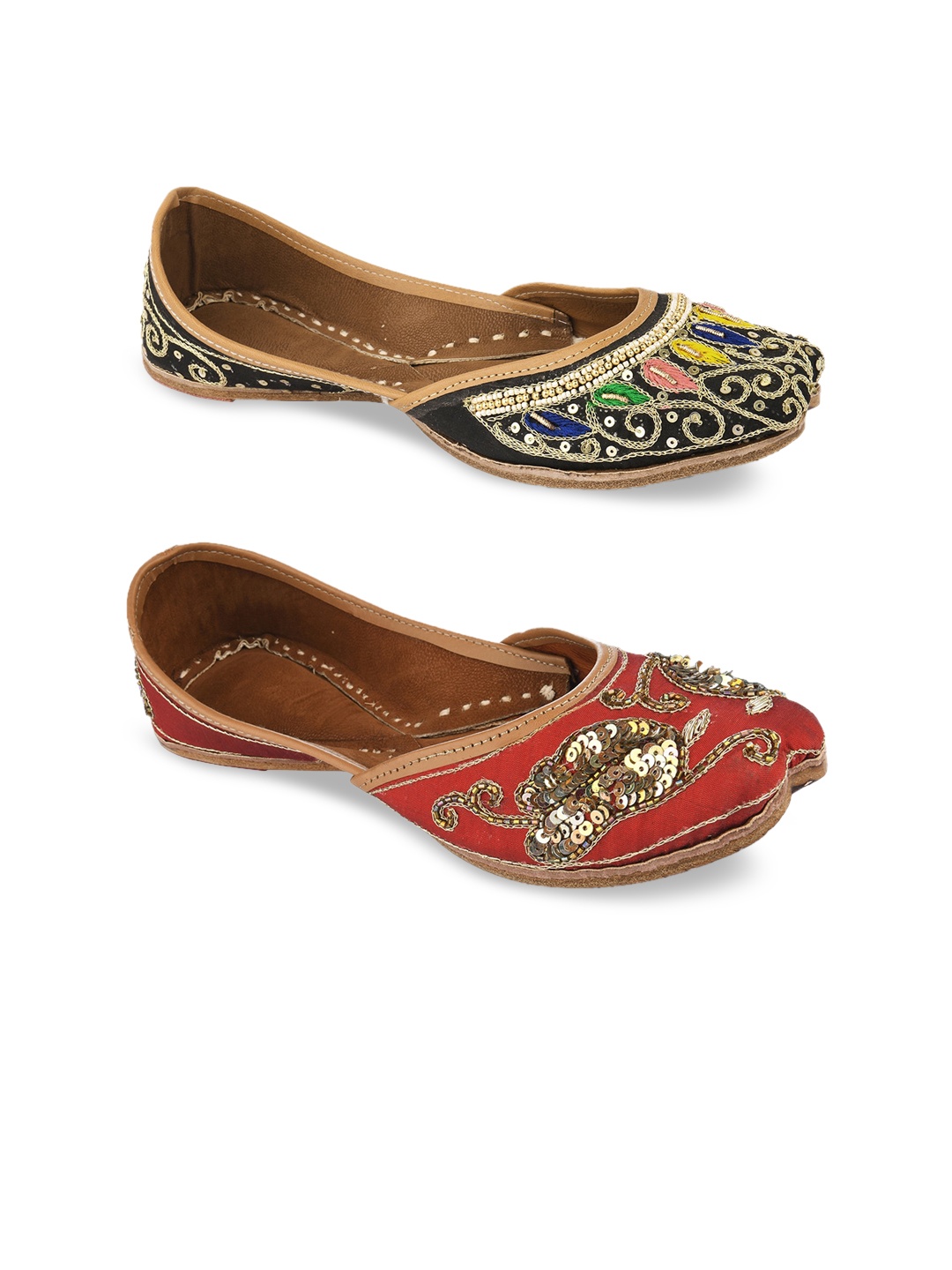

DESI COLOUR Women Pack Of 2 Multicoloured Embellished Leather Ethnic Mojaris Flats, Multi