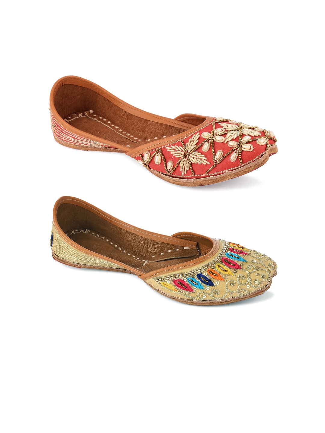 

DESI COLOUR Women Pack Of 2 Beige Embellished Leather Ethnic Mojaris Flats