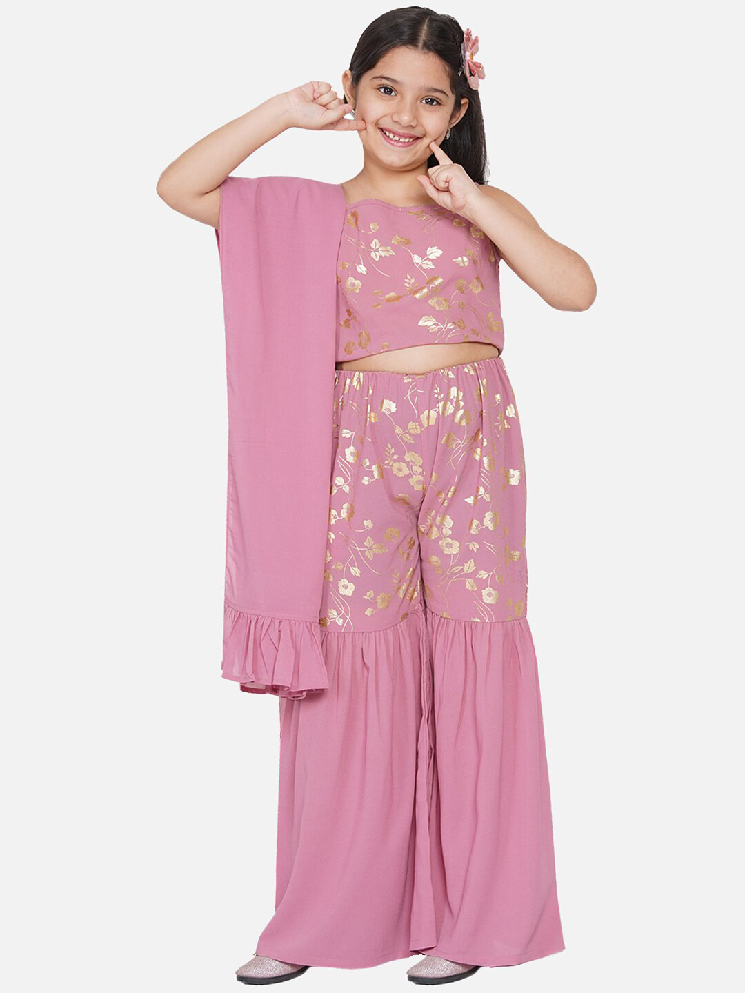 

titliyan Girls Pink Floral Printed Crop Top & Sharara With Dupatta