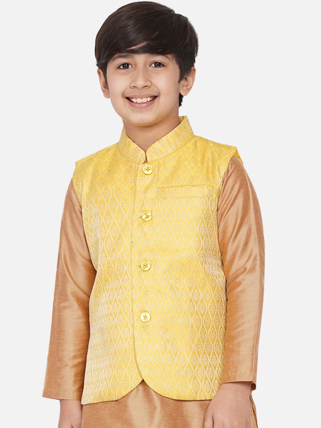 

titliyan Boys Yellow & Gold Brocade Woven Design Nehru Jacket