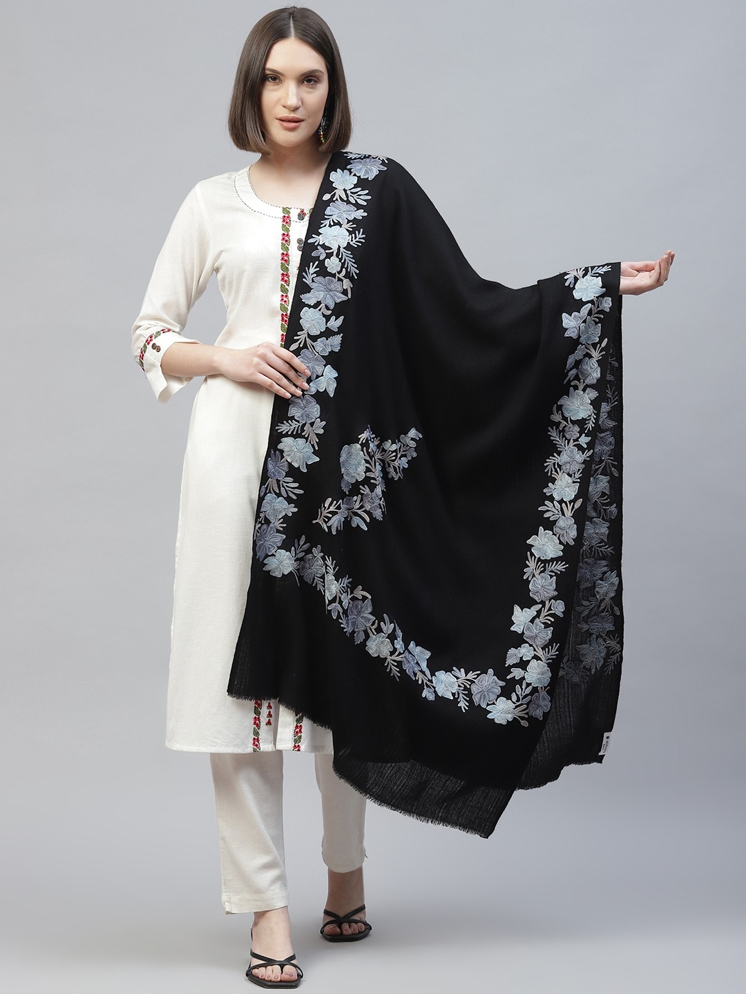 

MODARTA Black Woolen Shawl with Floral Embroidery