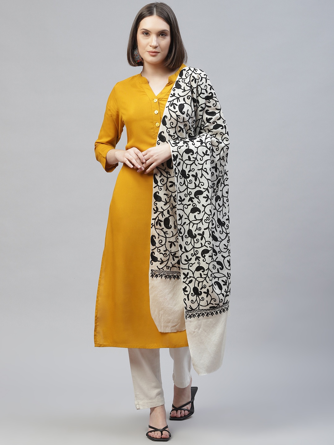 

MODARTA White & Black Embroidered Woolen Shawl