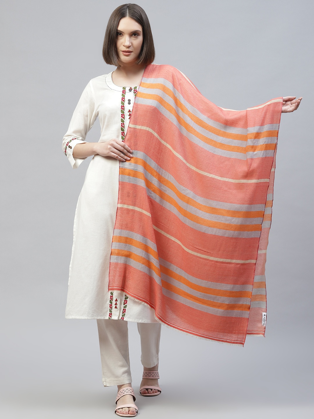 

MODARTA Orange & Grey Checked Pashmina Shawl