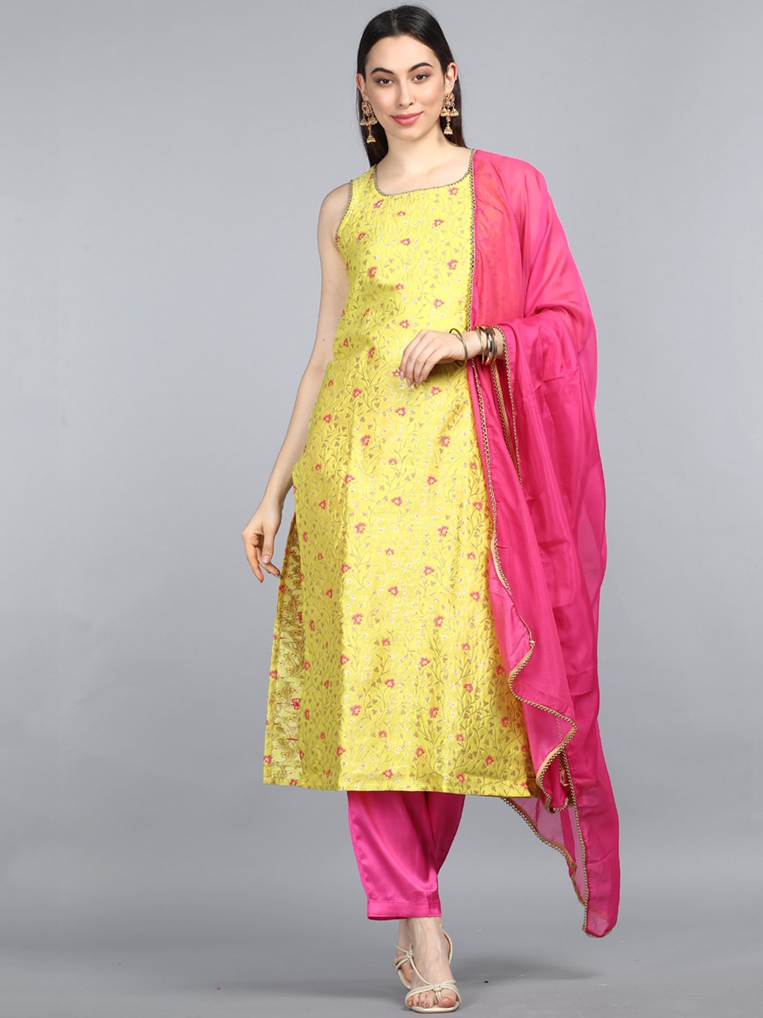 

AHIKA Women Yellow & Pink Floral Kurta with Salwar & Dupatta