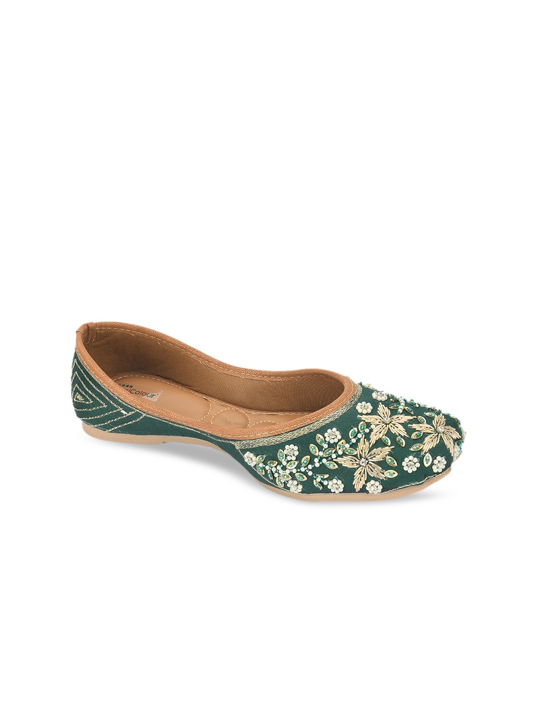 

DESI COLOUR Women Green Embellished Ethnic Mojaris Flats