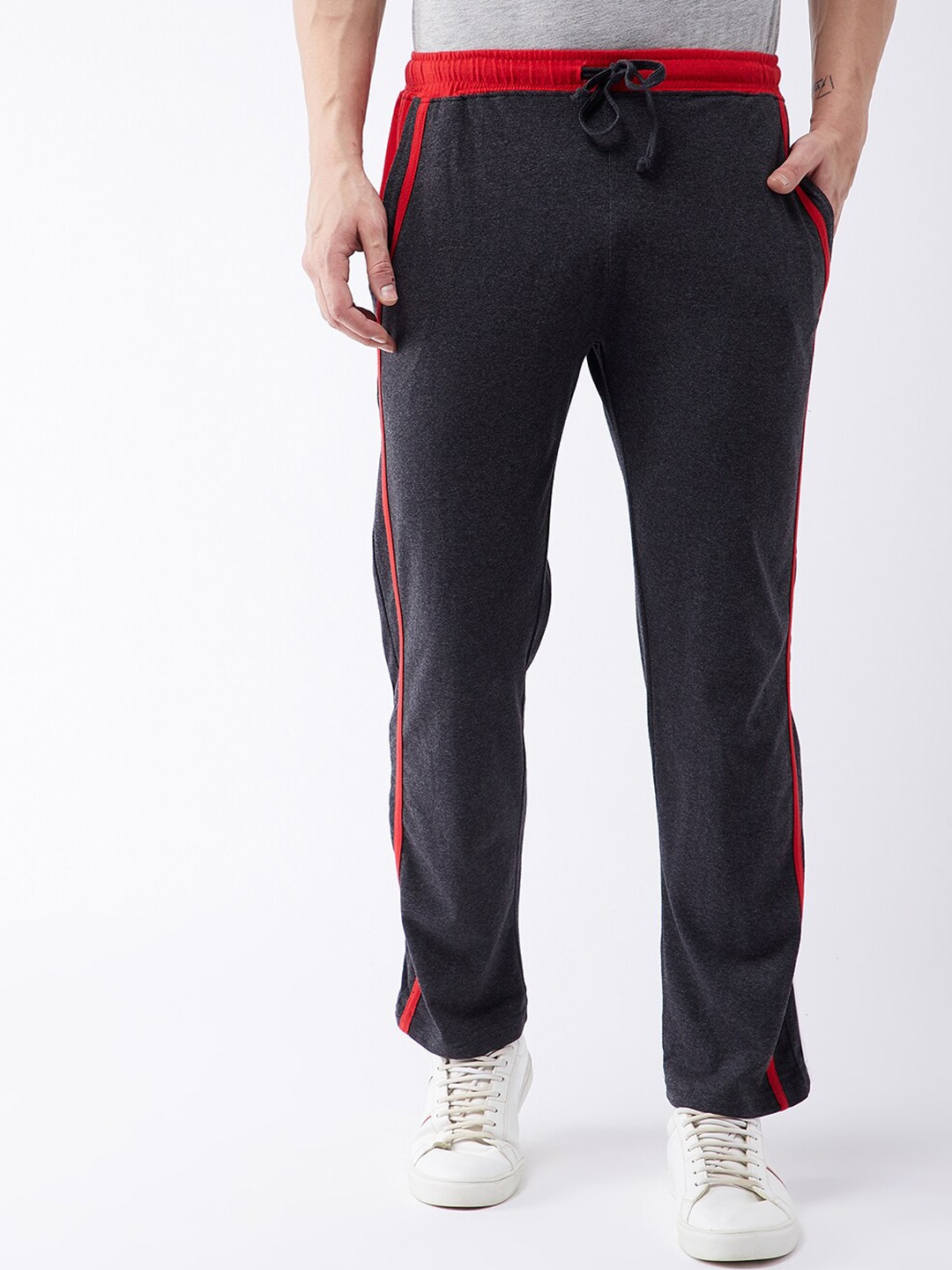 

GRITSTONES Men Grey & Red Solid Track Pants With Side Stripes