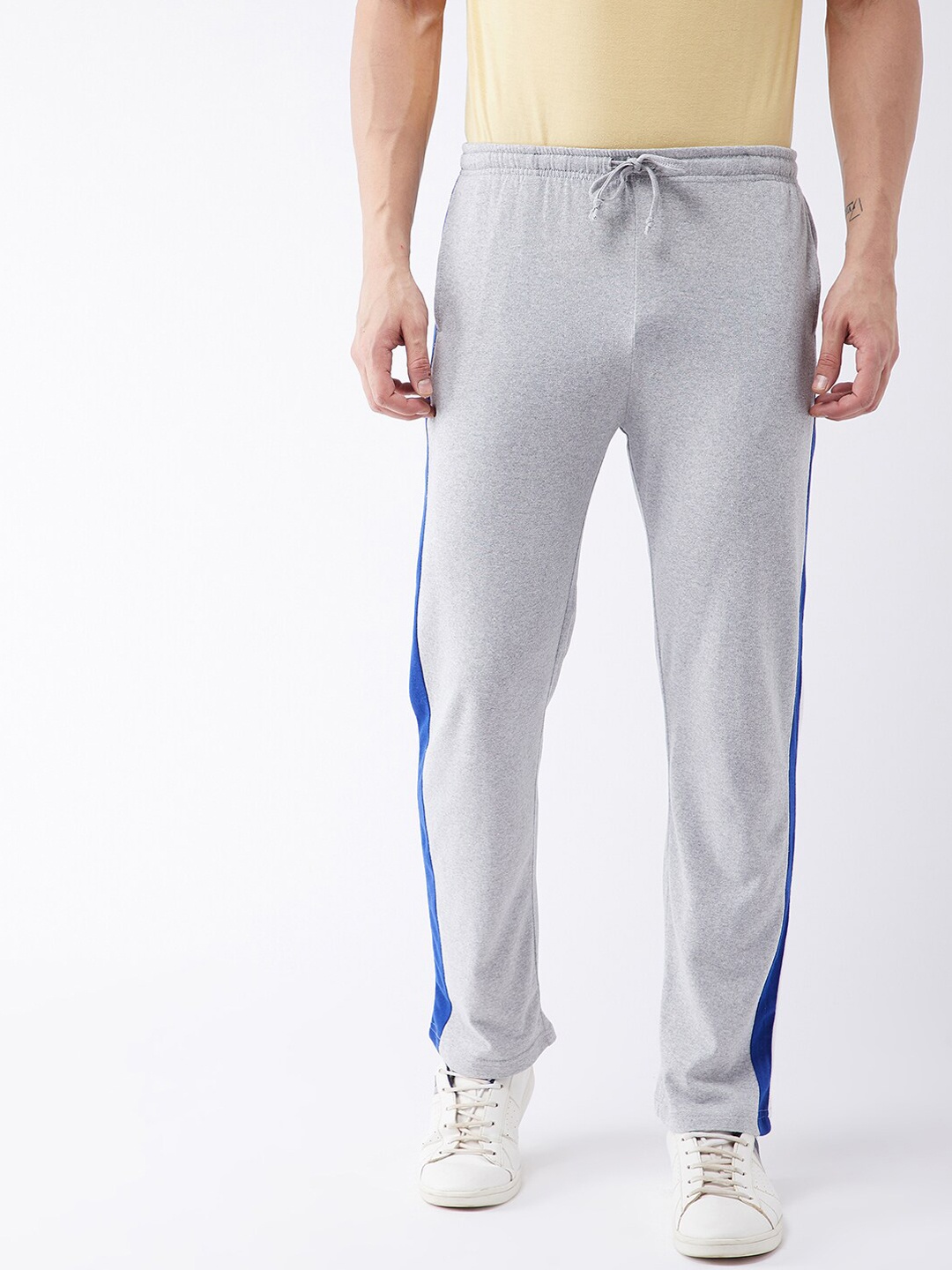 

GRITSTONES Men Grey & Blue Side Striped Cotton Track Pants