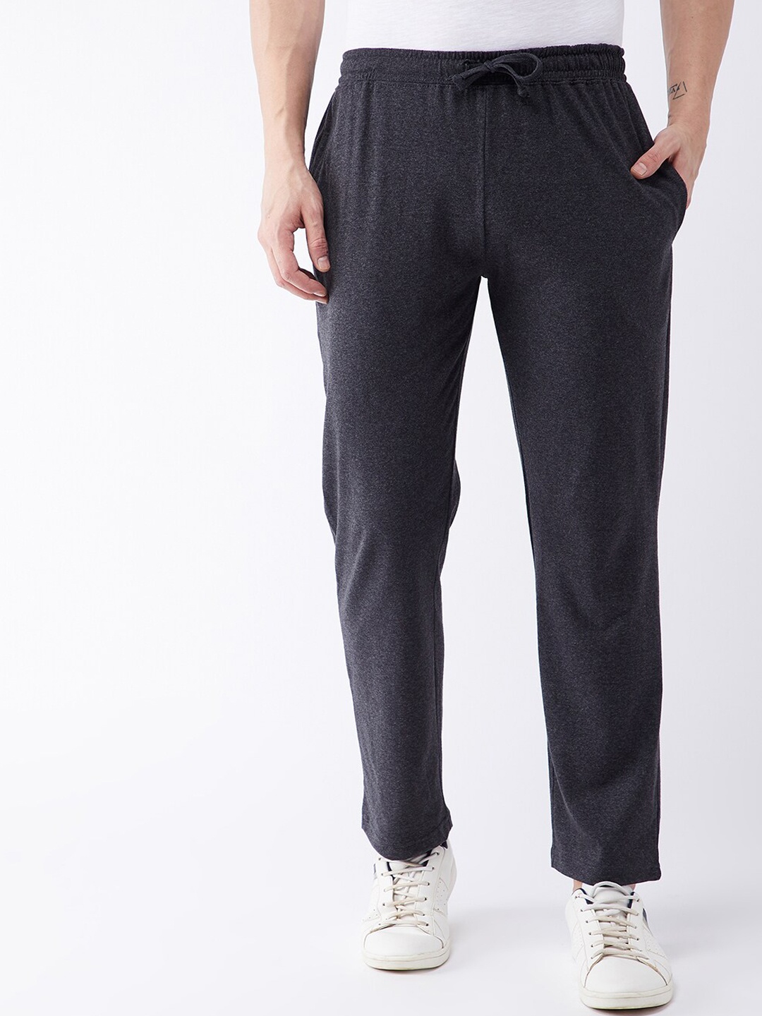 

GRITSTONES Men Grey Solid Straight-Fit Cotton Track Pants