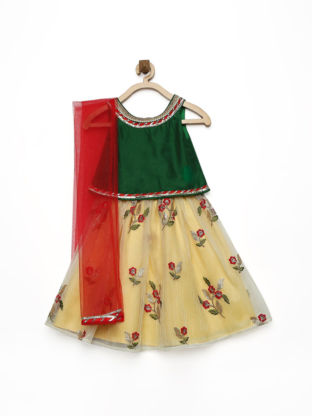 

MANY FROCKS & Girls Green & Yellow Embellished Ready To Wear Lehenga & Blouse with Dupatta