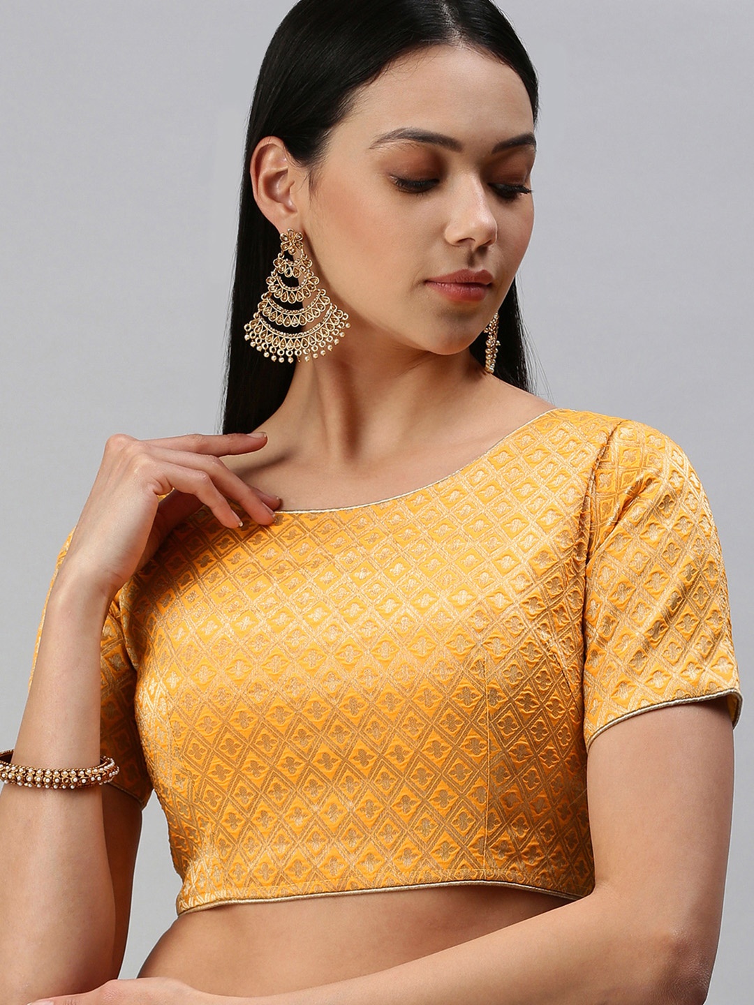 

flaher Women Mustard Yellow Woven Design Jacquard Padded Blouse