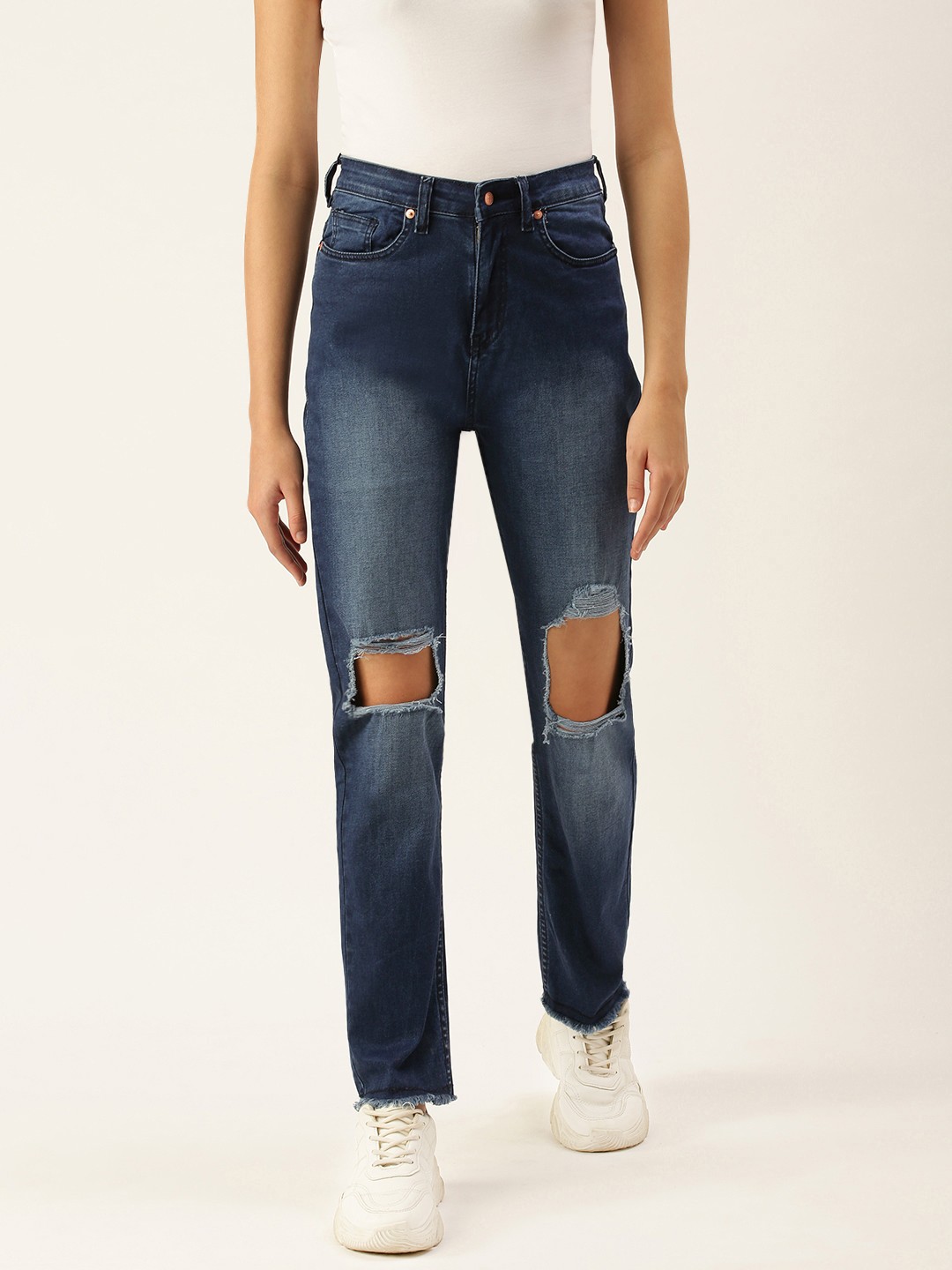

FOREVER 21 Women Blue Skinny Fit Slash Knee Heavy Fade Jeans