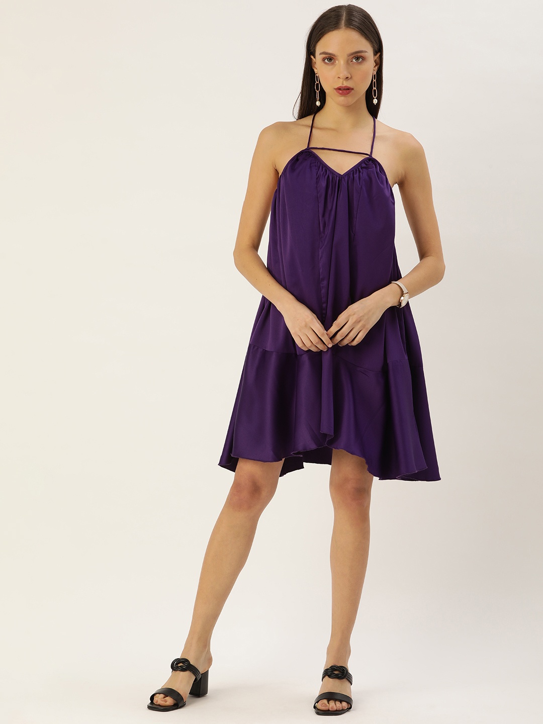 

FOREVER 21 Dark Violet Solid Halter Neck Gathered Or Pleated Ruffles Drop-Waist Dress