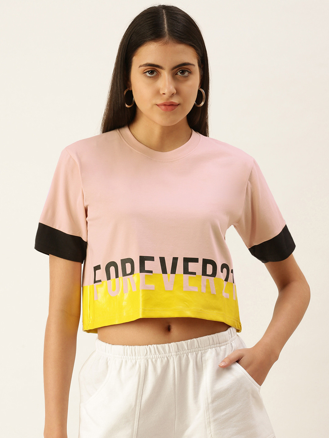 

FOREVER 21 Women Pink & Yellow Colourblocked And Brand Logo Printed Boxy Crop Top
