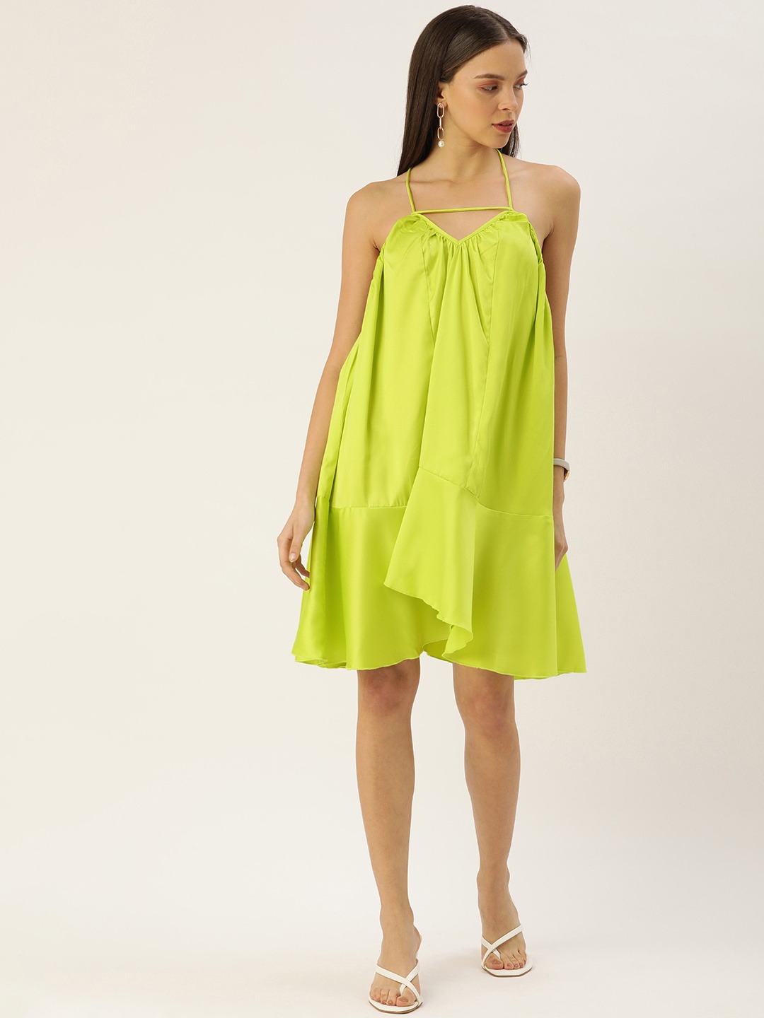 

FOREVER 21 Fluorescent Green Solid Halter Neck Pleated Ruffles Polyester Drop-Waist Dress