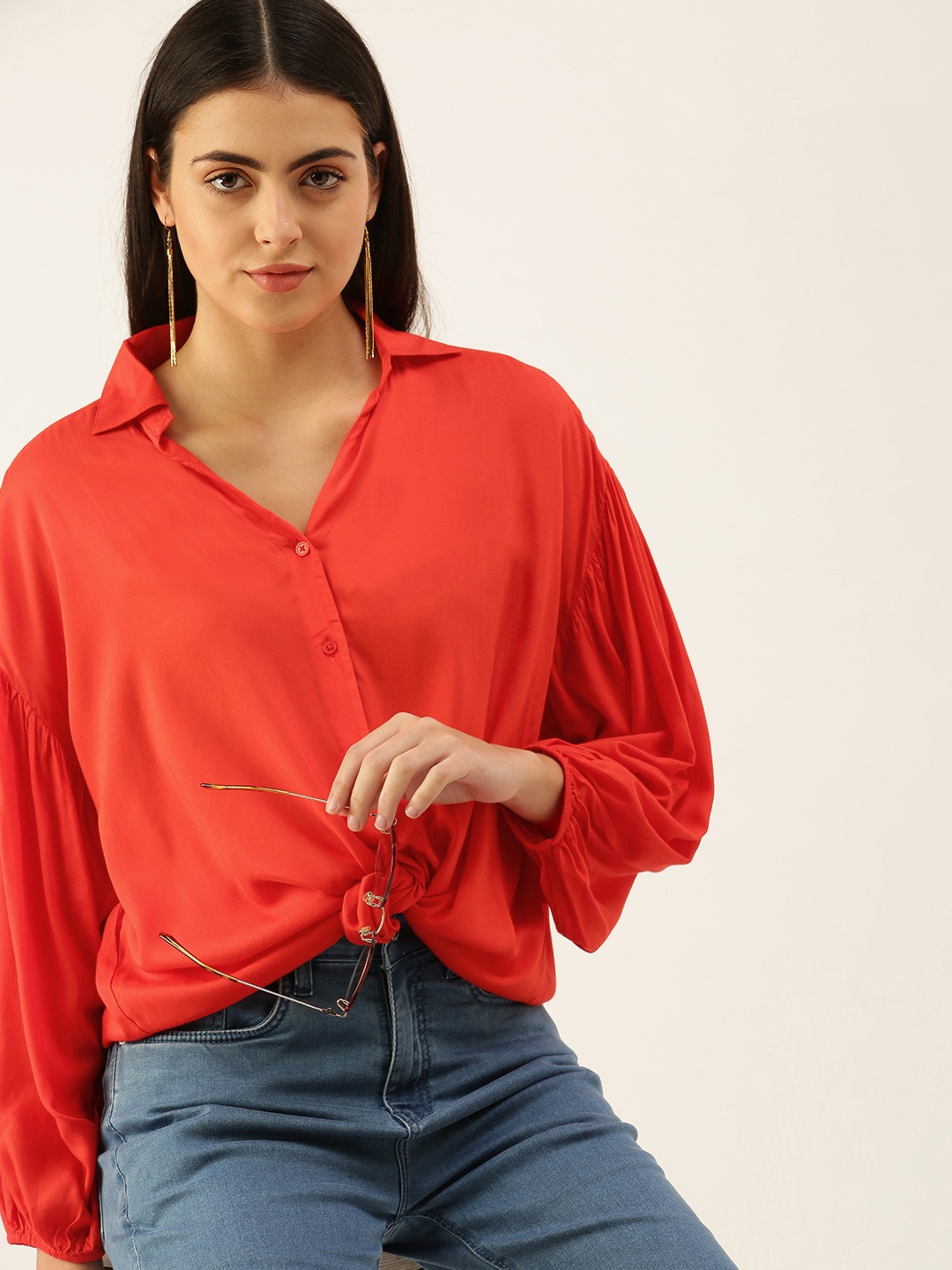 

FOREVER 21 Red Puff Sleeves Shirt Style Longline Top