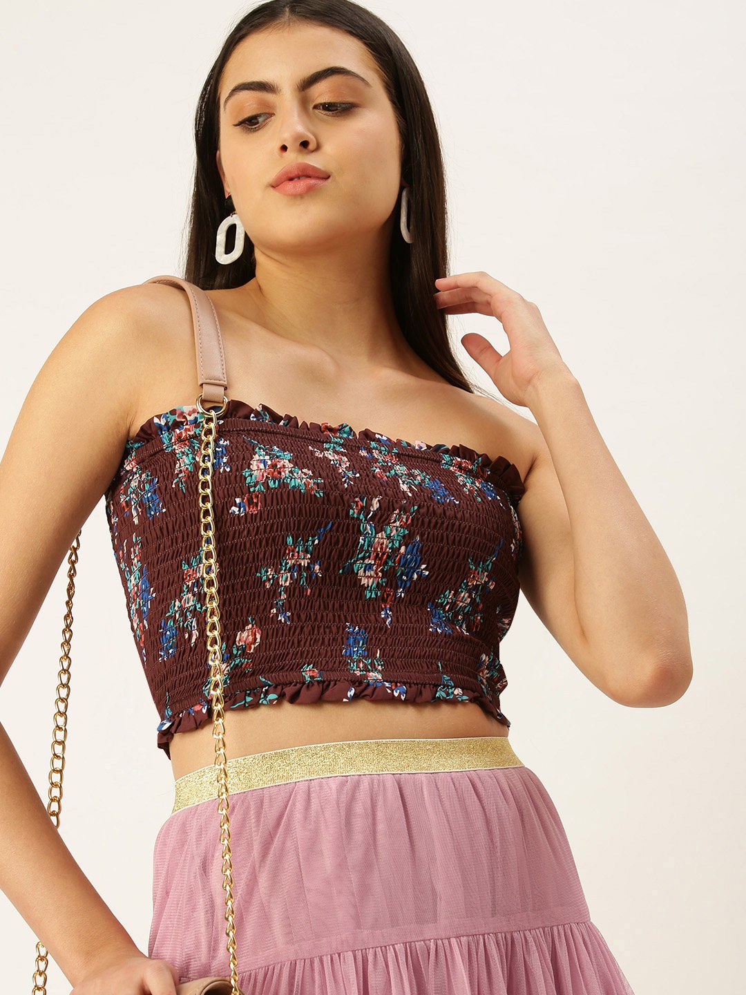 

FOREVER 21 Women Maroon Abstract Printed Smocked Tube Crop Top