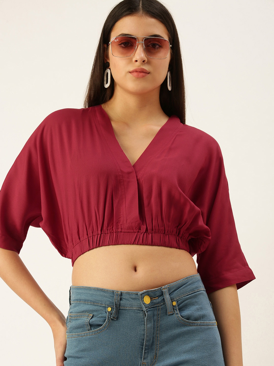 

FOREVER 21 Women Maroon Solid V-Neck Blouson Crop Top