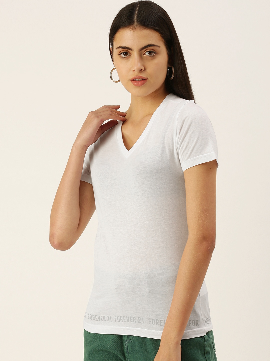 

FOREVER 21 White Solid V Neck Shirt Sleeved Casual Top