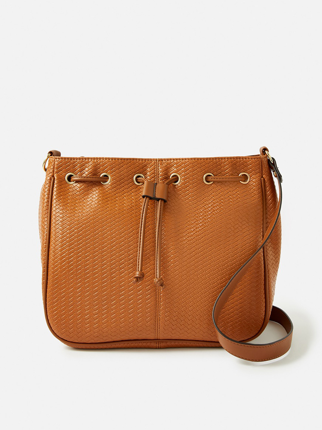 

Accessorize London Women Faux Leather Drawstring Weave Sling bag, Tan